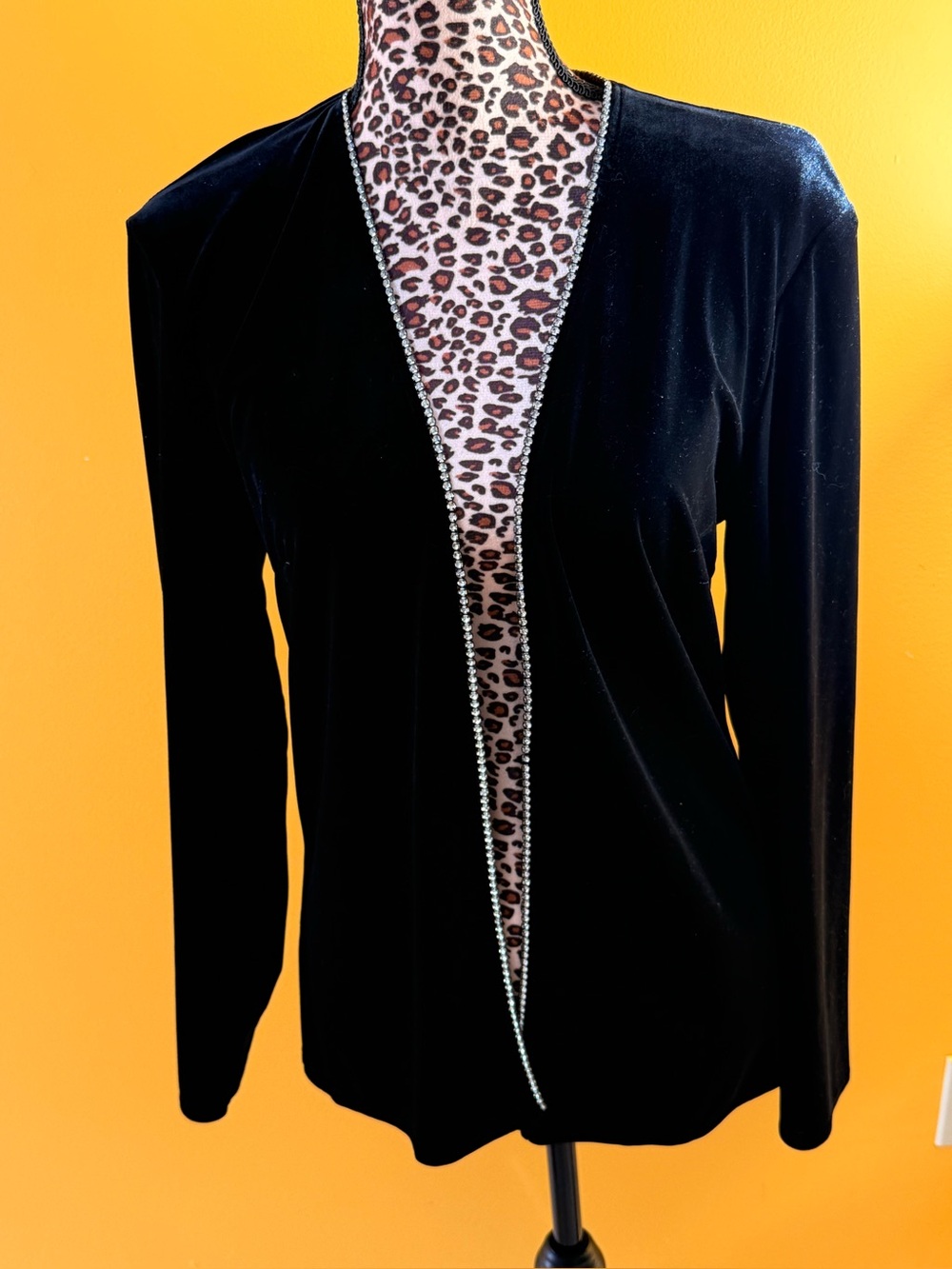 Black Velvet Open-Front Jacket with Rhinestone Trim